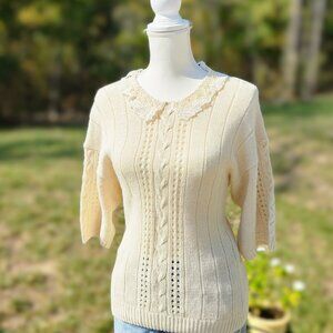 Authentic Vintage 80's 90's demure lace Peter pan collar cable knit sweater